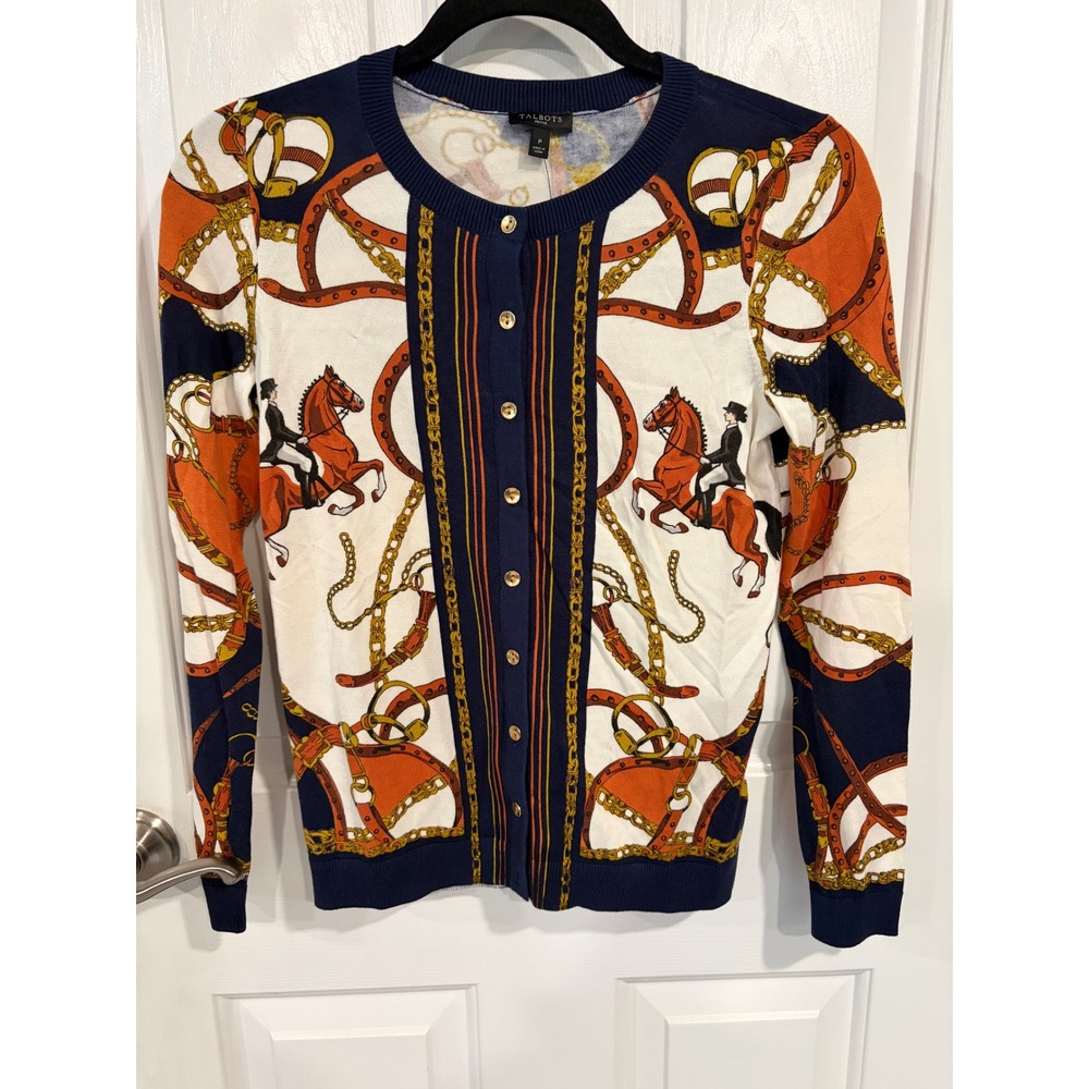 Woman's Talbots Size Petite Equestrian Horse Cardigan Button Sweater NEW NWT